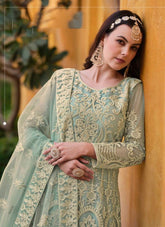 Delicate Looking Wedding Wear Gown in Sea Green Colour